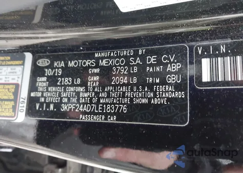 2020 Kia Forte Lxs z USA, uszkodzony, nr VIN 3KPF24AD7LE183776